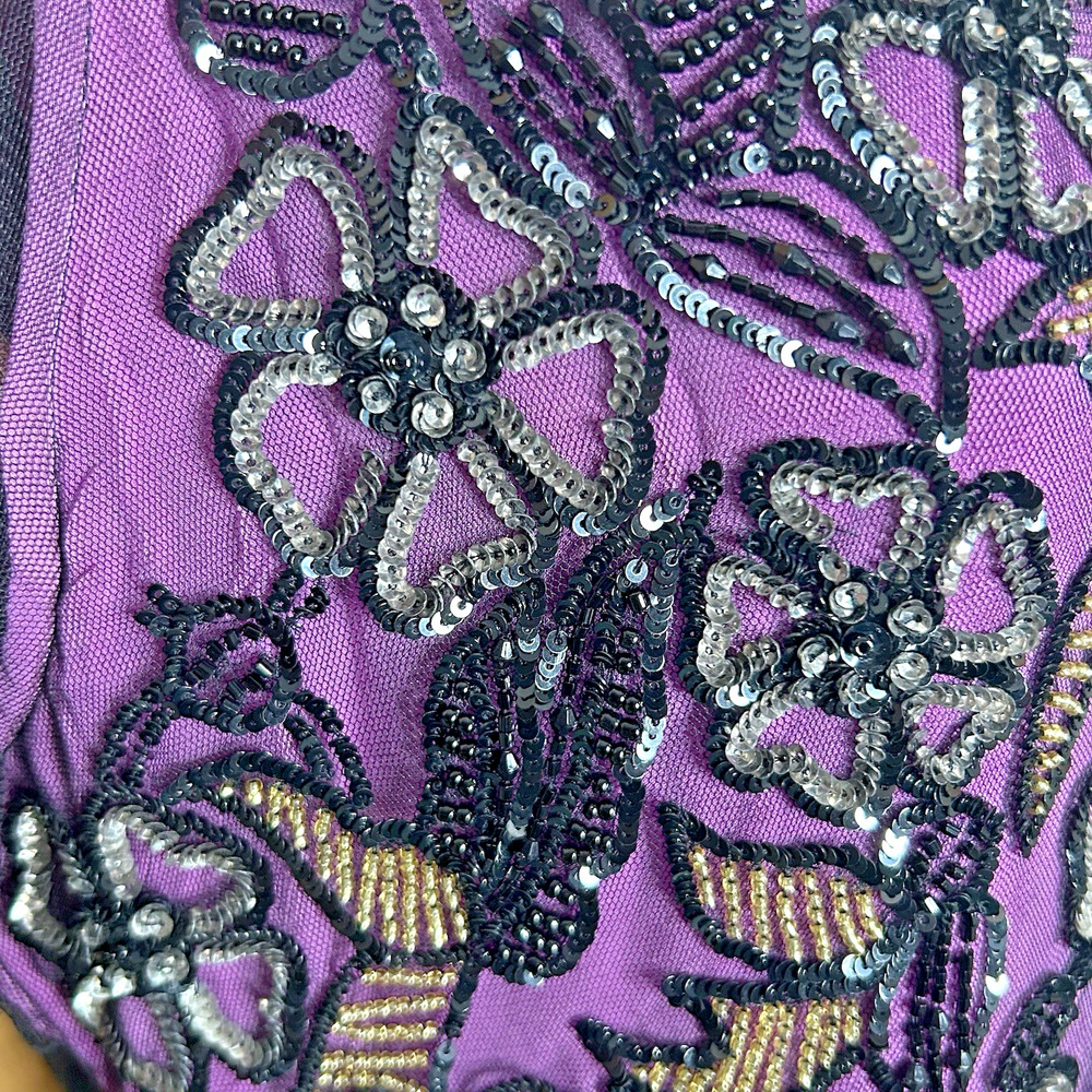 J Peterman Formal Dress M Purple Black Overlay Beads Sequins Birds Long Whimsy - Picture 6 of 9